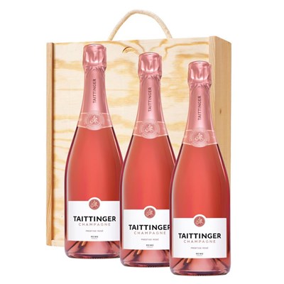 3 x Taittinger Rose Champagne 75cl Treble Wooden Gift Boxed Champagne